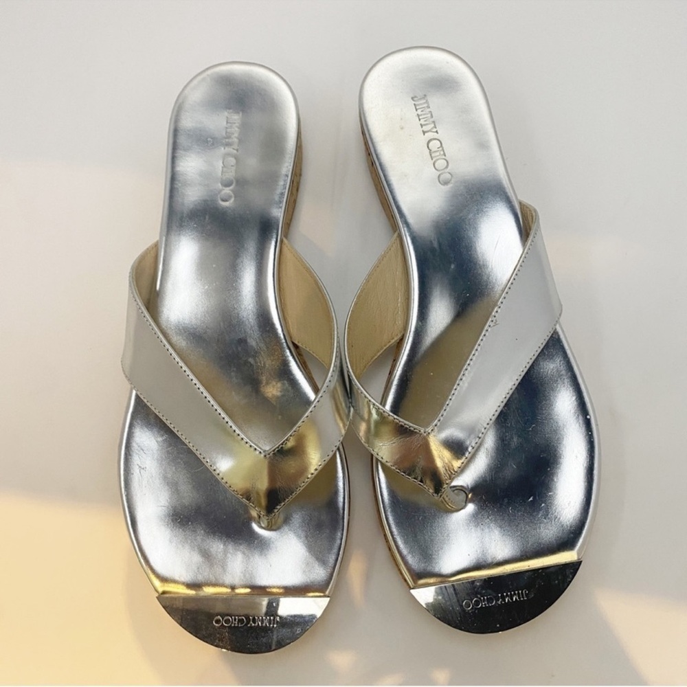 Jimmy Choo Silver Leather 'Pence' Cork Wedge Thong  Sandals - 38.5 (EU)
